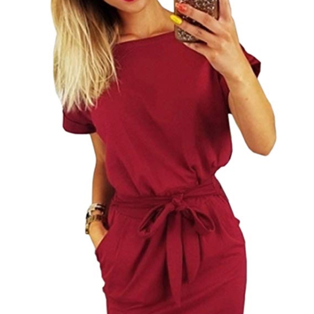 Round Neck Short Sleeve Slim Pencil Belted Dress - Picture 1 of 2
